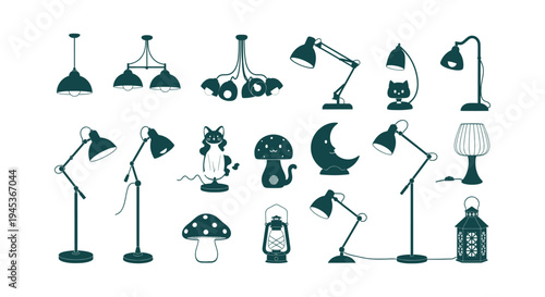 Collection of Modern and Retro Lamp Silhouette Icons for Home Decor and Interior Lighting Design