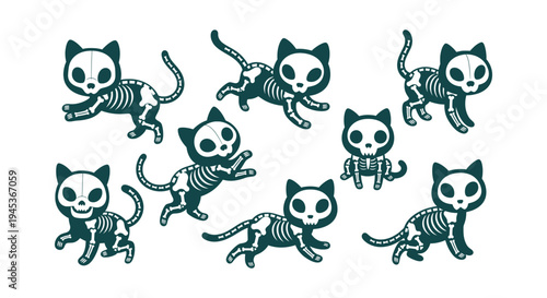 Cute Skeleton Cat Vector Illustration Set for Halloween Poses Spooky Feline Skull Bone Graphics