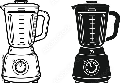 kitchen blender appliance illustration set, line and solid style mixer machine, household cooking equipment icon design collection