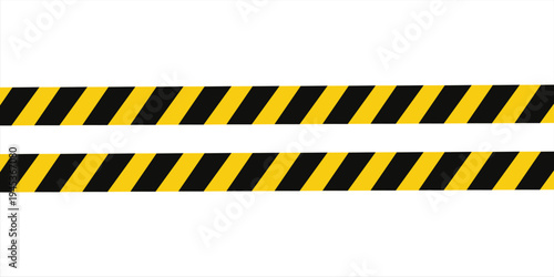 Warning tape with yellow and black diagonal stripes. Warn stop seamless line. Yellow and black caution tape border.
