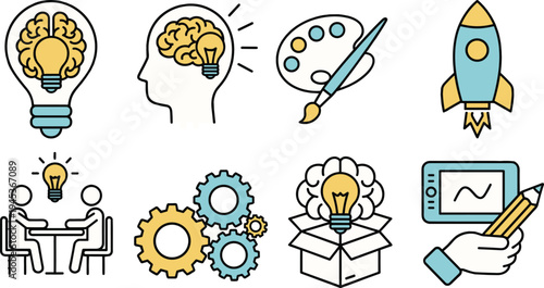 Conceptual icons for creativity innovation ideas business growth and problem solving on a transparent background