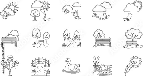 Collection of simple line art icons depicting nature scenes and park elements