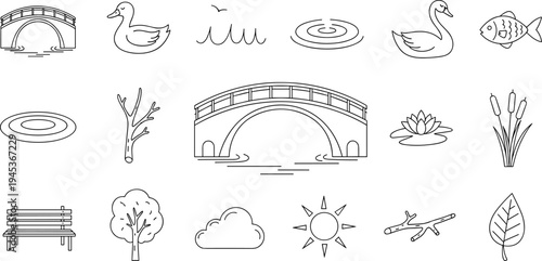 Collection of simple line art icons representing nature and park elements for design