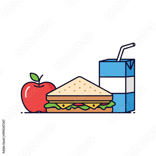 Vector illustration of a balanced lunch with a sandwich, apple, and juice box for a healthy meal