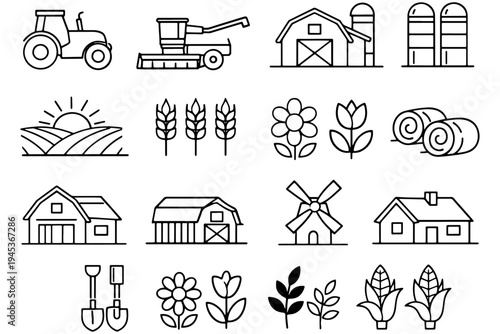 Agriculture and Farm Life Icons – Tractors, Harvesters, Rural Landscapes, Market Stall Vector Set