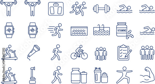 Set of sports and fitness icons illustrating active lifestyle, exercise, and healthy habits