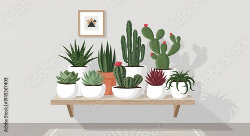 Variety of potted cacti and succulents on a wooden table indoors with a framed picture on the wall
