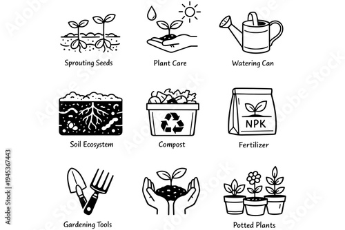 Agriculture and Gardening Line Icons Set – Plant Growth, Seeds, Soil Testing, Farming Outline Vector