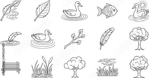 Collection of simple line art icons representing amusement park and nature elements