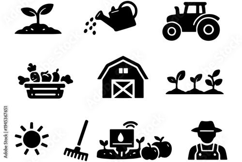 Agriculture and Harvest Icons – Farming Tools, Rural Objects, Fresh Crops Vector Set