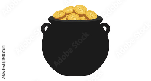  Black cauldron filled with gold coins isolated on transparent background