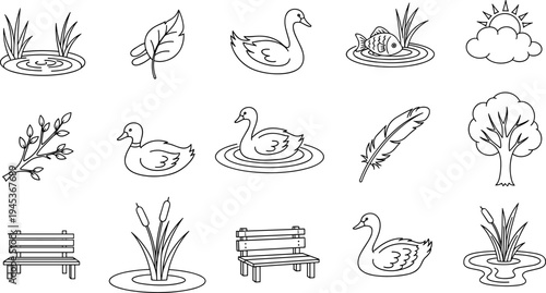 Collection of simple line art icons representing nature and park elements