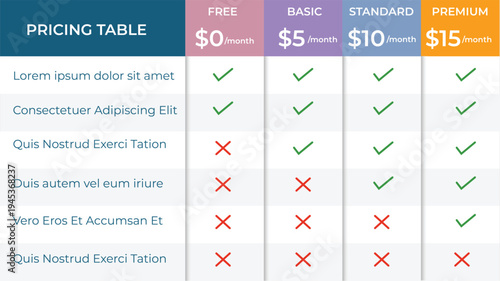 Business pricing comparison table layout, four tier subscription website with button vector stock illustration isolated on background.	
