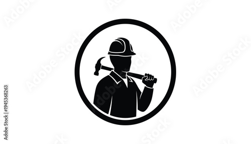 Construction Worker with Hammer Icon Black Silhouette Builder Labor Industry Symbol