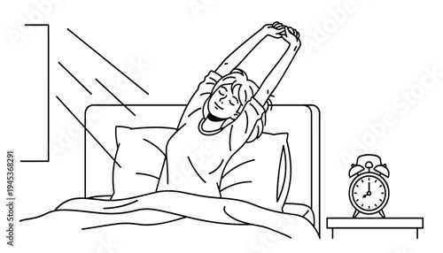 Morning Wake Up Routine Man Stretching in Bed with Alarm Clock Minimal Line Art Illustration