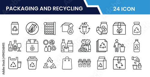 Outline Packaging and Recycling Icon Set in Line Art Style for Eco Friendly Packaging, Waste Management, Recycling Process, Sustainability, and Digital Interface Design