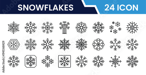 Outline Snowflakes Icon Set in Line Art Style for Winter Season, Ice Crystals, Cold Weather, Christmas Decoration, and Digital Interface Design