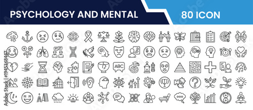 Outline Psychology and Mental Health Icon Set in Line Art Style for Brain, Mind, Therapy, Counseling, Emotional Wellbeing, Cognitive Processes, and Digital Interface Design