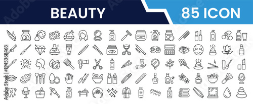 Outline Beauty Icon Set in Line Art Style for Makeup, Skincare, Haircare, Spa, Wellness, and Digital Interface Design