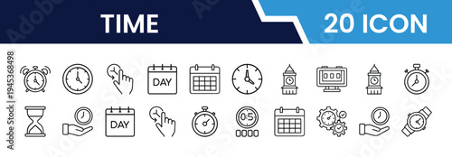 Outline Time Icon Set in Line Art Style for Clock, Calendar, Stopwatch, Timer, Alarm, Schedule, and Digital Interface Design