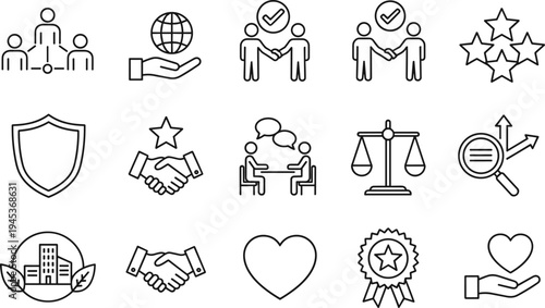 Ethical business icons set with linear style representing integrity trust and corporate social unity