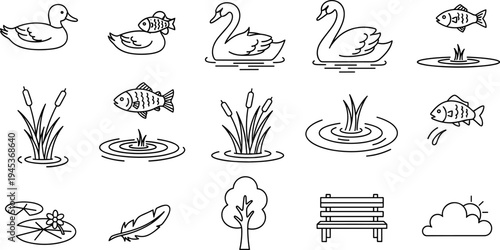 Collection of line art illustrations featuring swans, ducks, park benches, and natural elements