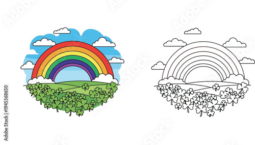 St. Patrick's Day coloring page illustration featuring a vibrant rainbow over a field of lucky shamrocks, side-by-side with a colored version.