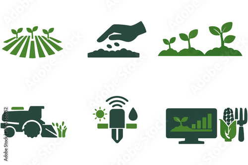 ecology icons set,
Green Agriculture and Smart Farming Icons – Planting, Seedlings, Irrigation Monitoring, Harvest Equipment Vector