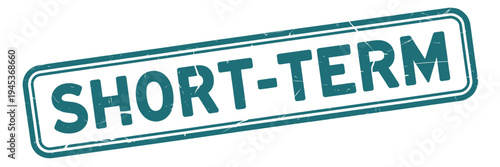 A teal stamp displaying the words short term in bold white lettering