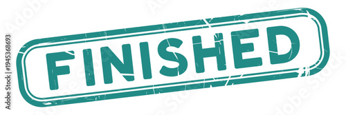 A teal colored rectangular stamp displays the word finished in bold lettering