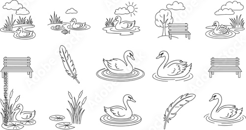 Collection of hand-drawn line art elements depicting a serene park and pond scene