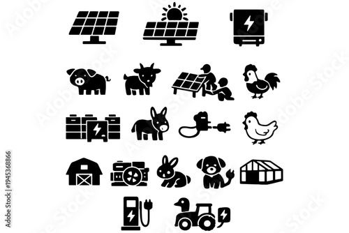 Sustainable Farming Solar Energy Icons – Panel, Battery, Inverter, Farm Equipment Diagram