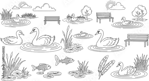 Collection of simple line art drawings of pond animals and elements