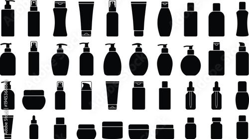 Cosmetic packaging bottle silhouettes set, shampoo lotion pump, spray container, cream jar, skincare beauty product packaging vector collection