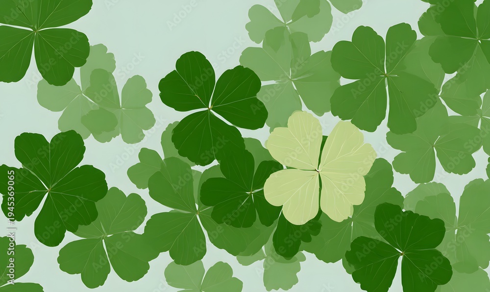Obraz premium show a simple arrangement of three-leaf clovers with a single four-leaf clover isolated from the other clover leaves in the center
