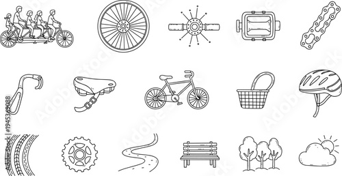 Collection of bicycle parts and outdoor elements in a simple line art style