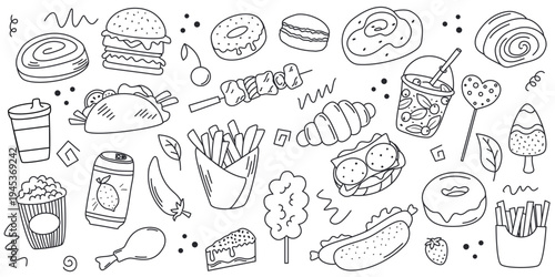 Simple hand drawn street food illustration. Ink sketch of fast food. Simple takeaway snack in doodle style, including quick bites, sweets, pastries and drinks, isolated vector illustration