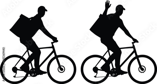 Delivery courier riding bicycle silhouette with backpack, food delivery service rider transport logistics urban lifestyle vector illustration
