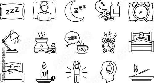 Sleep hygiene line icons set featuring pillows and beds with alarm clocks plus relaxation accessories