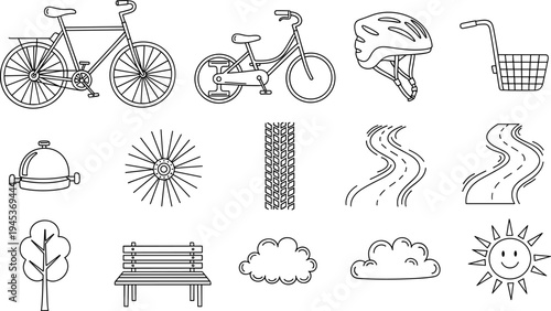 Collection of various bicycle types and cycling accessories in outline style