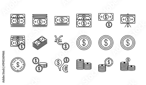 Dollar money line icon set with paper bills and currency symbol vector