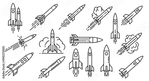 Collection of rocket ship illustrations in various styles.
