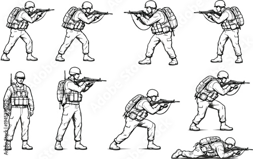 Military soldier tactical combat poses set, armed infantry aiming rifle, standing kneeling prone shooting positions, army training illustration isolated