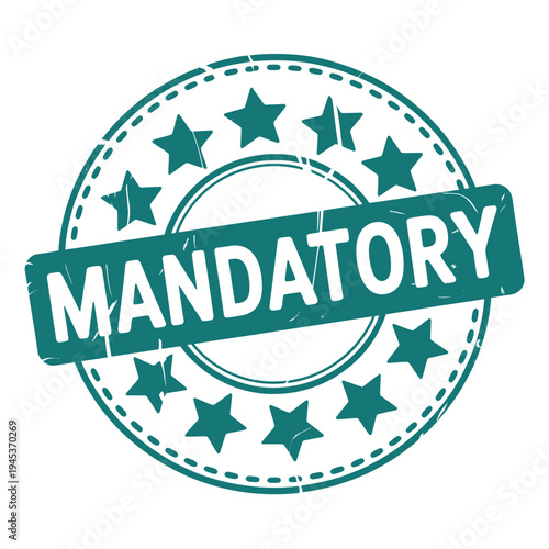 A teal circular stamp declares mandatory surrounded by five pointed stars