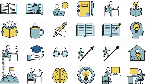 Educational icons set in flat style with outline. collection of symbols for school and university