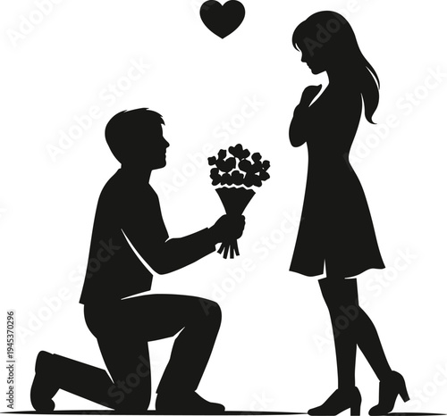 Romantic marriage proposal silhouette, man kneeling giving flowers to woman, love couple illustration, valentine romance concept isolated black silhouette