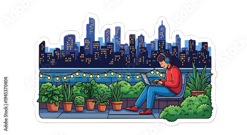 relaxed woman sitting on rooftop garden with cityscape