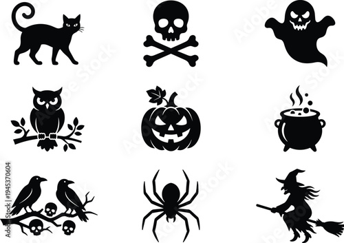 Halloween spooky icon set silhouettes with witch, pumpkin, skull, ghost, spider, owl and black cat vector illustration collection