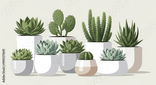 Variety of succulents and cacti in white pots on a light background showcasing different shapes and sizes of plants for decoration or indoor gardening