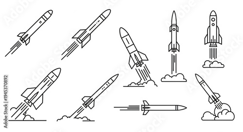 Collection of rocket launch illustrations in a simple line art style.